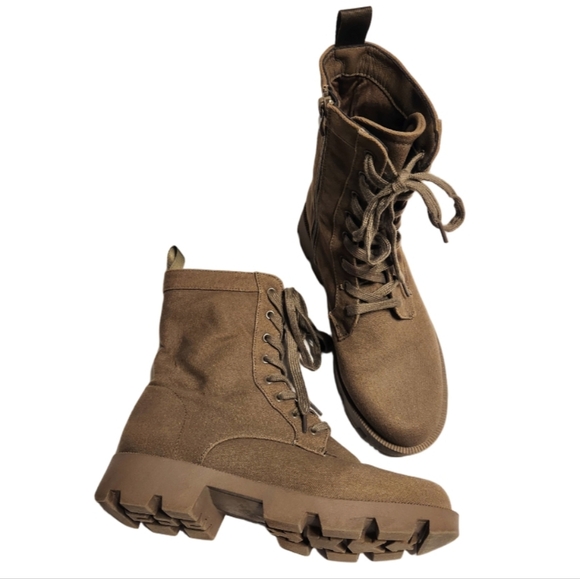 Fabric Canvas Lace-Up Side Zipper Chunky Platform Ankle Combat Boots Olive 8/39 - Picture 1 of 12